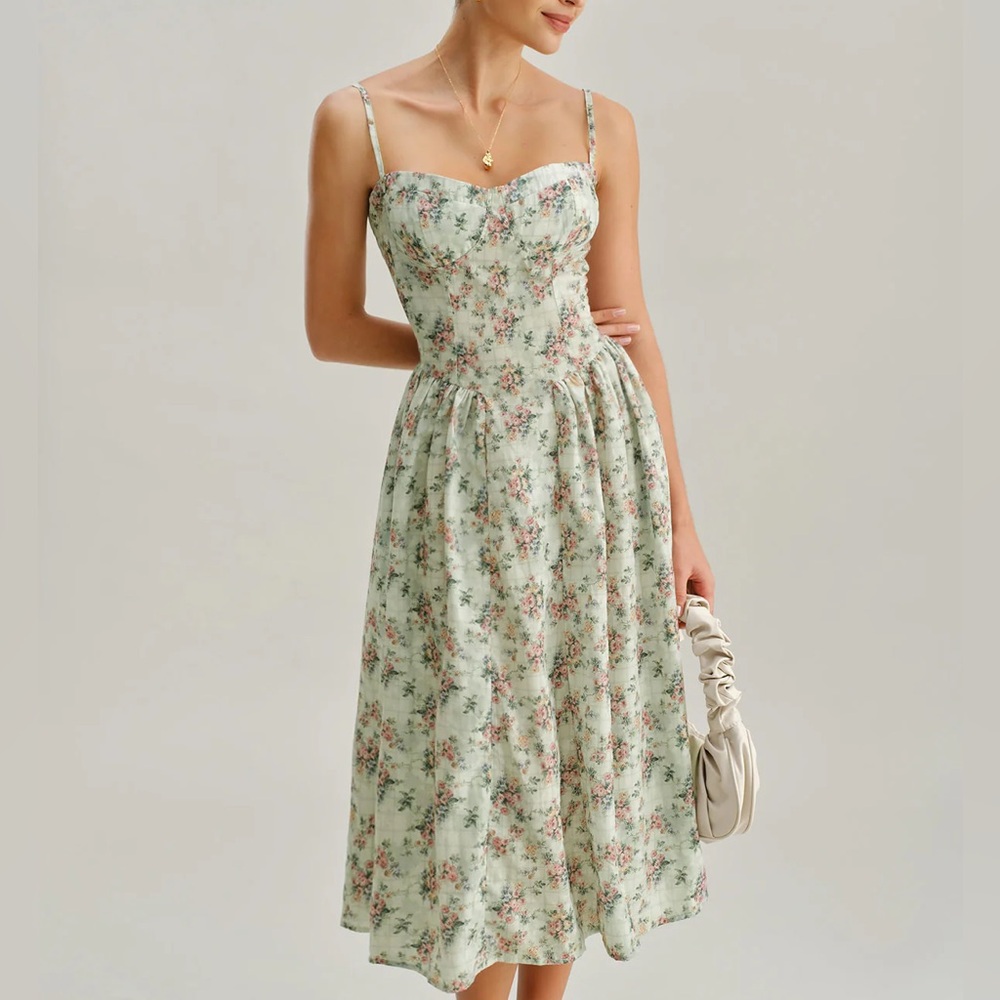 Rihoas Green Floral Sweetheart Neck Pleated Slip Midi Dress